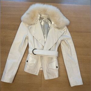 Vintage Cache White Leather Jacket with Detachable Fur Collar